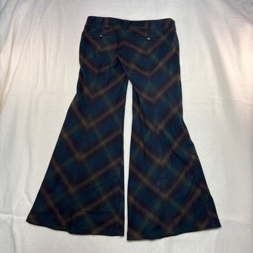 Free People Plaid Flare Pants Green Teal Purple Wide Leg Trouser Boho Size 2-70s - Picture 4 of 6